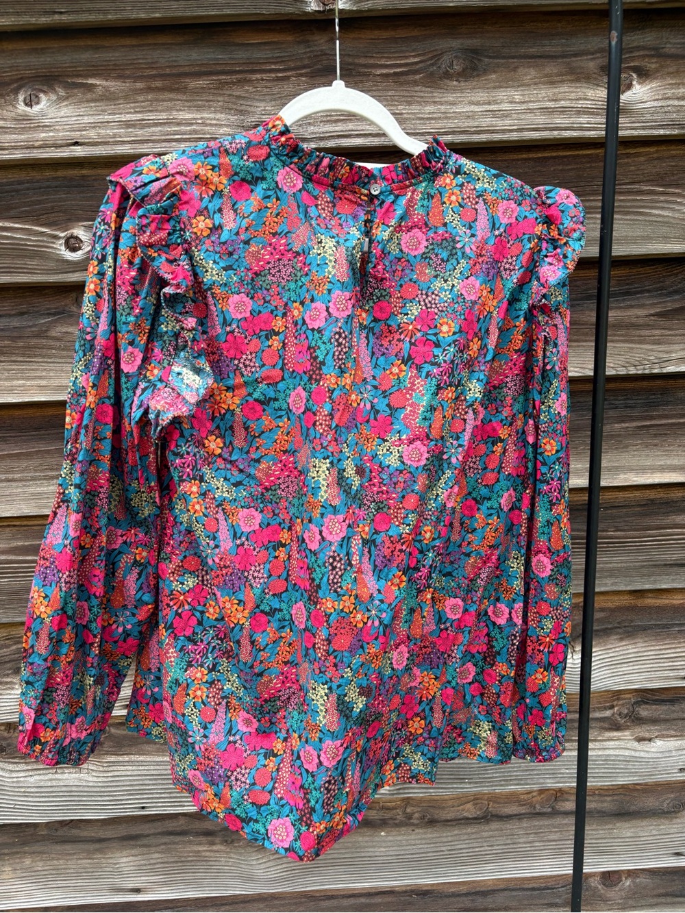 J. Crew Liberty Floral Long-Sleeve Ruffle Yoke Blouse — Pink & Teal - Picture 2 of 3